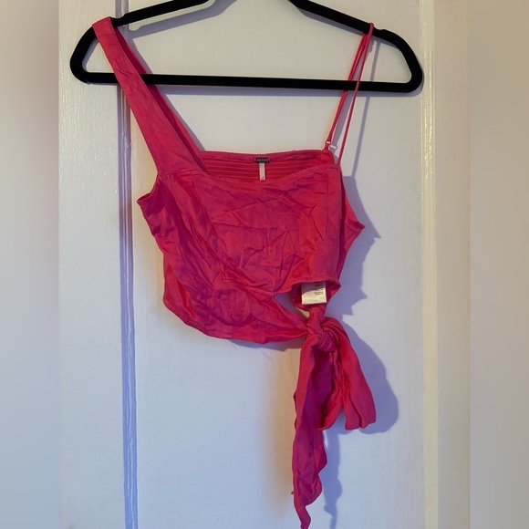 Free People Hot Pink One Shoulder Tie Waist Crop Top S - Picture 2 of 10